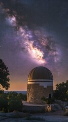 Obraz premium Night view of a historic observatory under a star-filled sky.