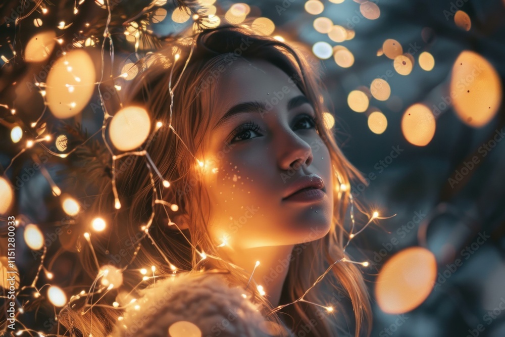 Poster model enjoys the magical glow of string lights, creating a warm and enchanting holiday mood