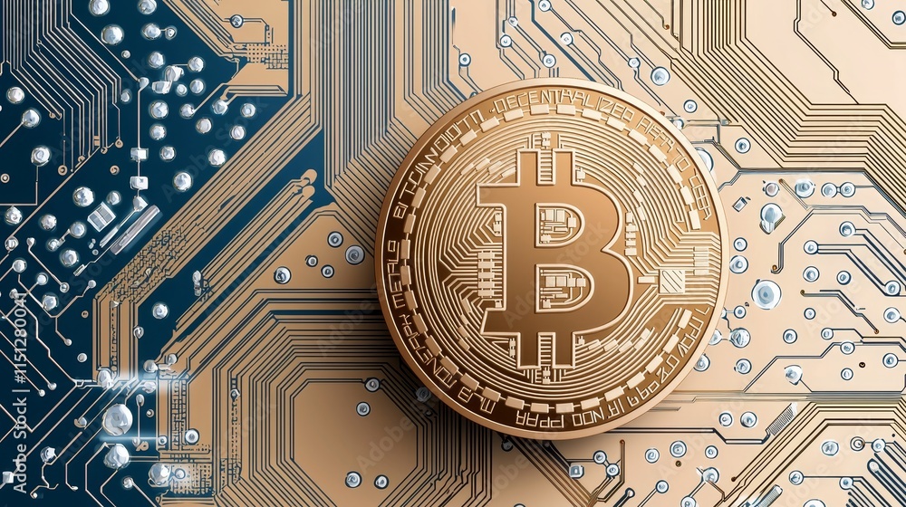 Poster a 3d rendering of bitcoin blockchain cryptocurrency mining technology.