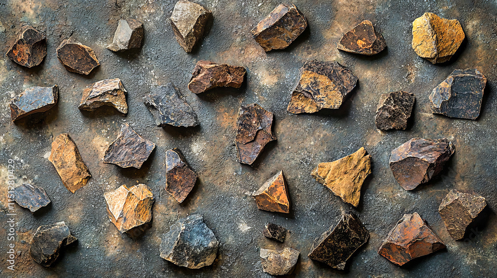 Poster rustic collection of various rocks on earthy surface displaying natural textures