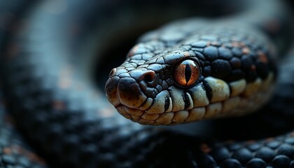 Obraz premium Macro shot of a snake's eye showcasing intricate scales and depth with coiled body hints in the background