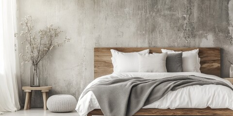 Cozy grey blanket and pillow adorn a wooden bed featuring white bedding, set against a modern bedroom interior with a chic concrete wall, enhancing the stylish atmosphere of the space.
