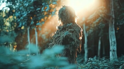 Fototapeta premium enchanting misty forest at dawn: ultra-realistic 4k poster of sunlit greenery and moss-covered tree, perfect for nature-themed interiors and meditation spaces