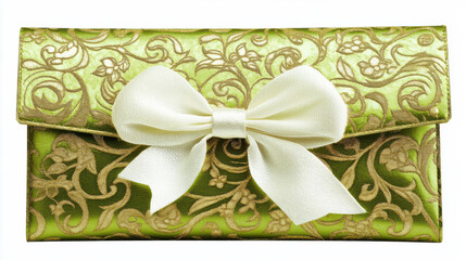 A striking depiction of a vibrant green envelope with gold-foil embossing in a dynamic floral and paisley pattern, sealed with a satin bow in contrasting white. The envelope is illuminated by diffused