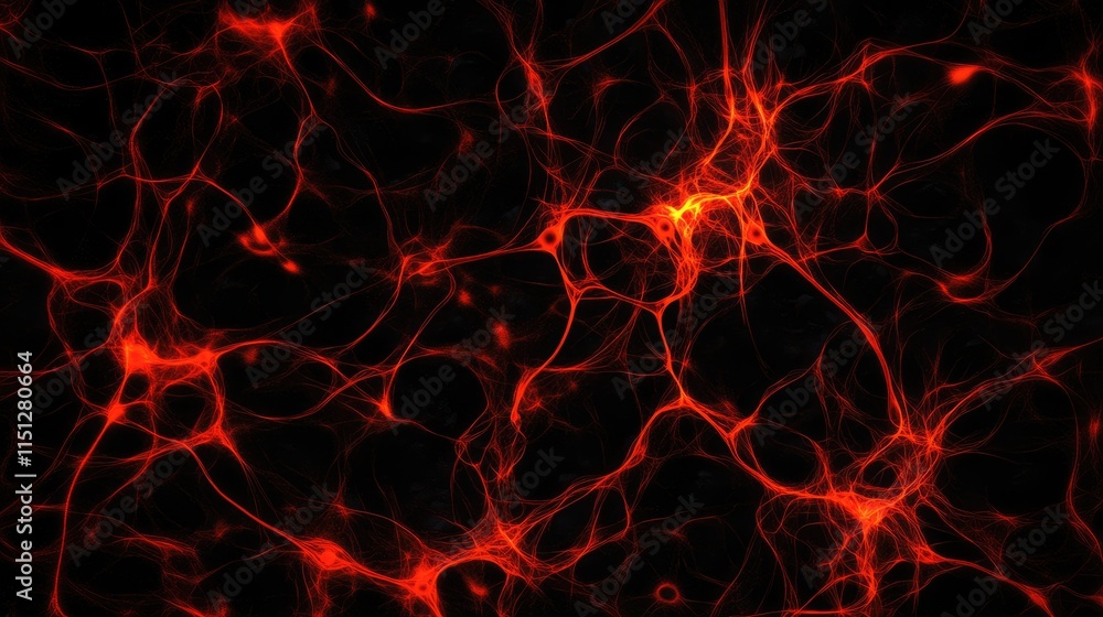 Poster molecular network design with glowing red fibers on dark background