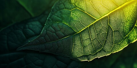 Obraz premium A detailed view of a vibrant green leaf illuminated by sunlight showcases its rich texture and natural beauty. The leafs texture appears more vivid under the glowing light.