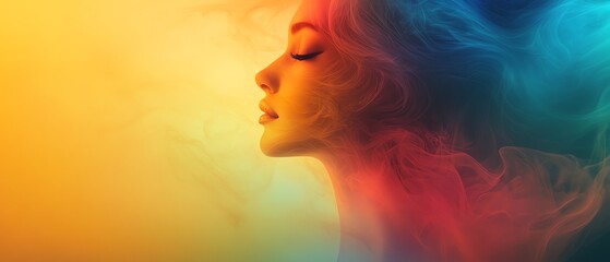 Woman s head fading into a rainbow flow, with soft gradient colors and a surreal ambiance, perfect for abstract and experimental art