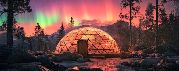 Northern Lights glowing above an igloo in Iceland