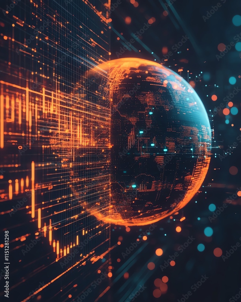 Aufkleber Abstract globe on a datadriven technology background, with interconnected networks and statistical symbols, representing communication and global connections