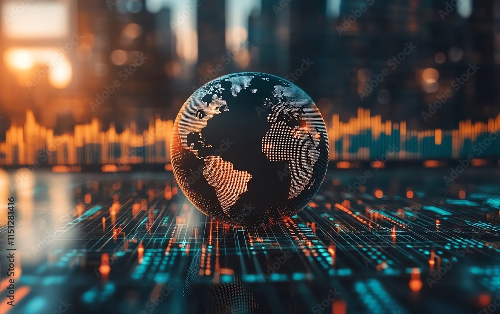 Poster Abstract globe surrounded by technology, data, and statistical graphics, symbolizing global communication and information connection