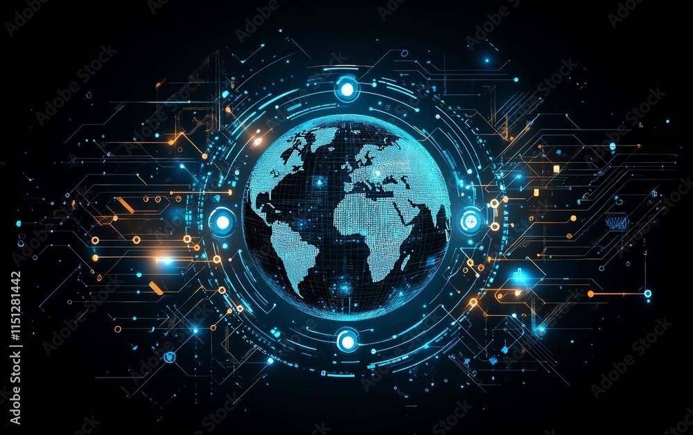 Poster Abstract globe surrounded by technology, data, and statistical graphics, symbolizing global communication and information connection