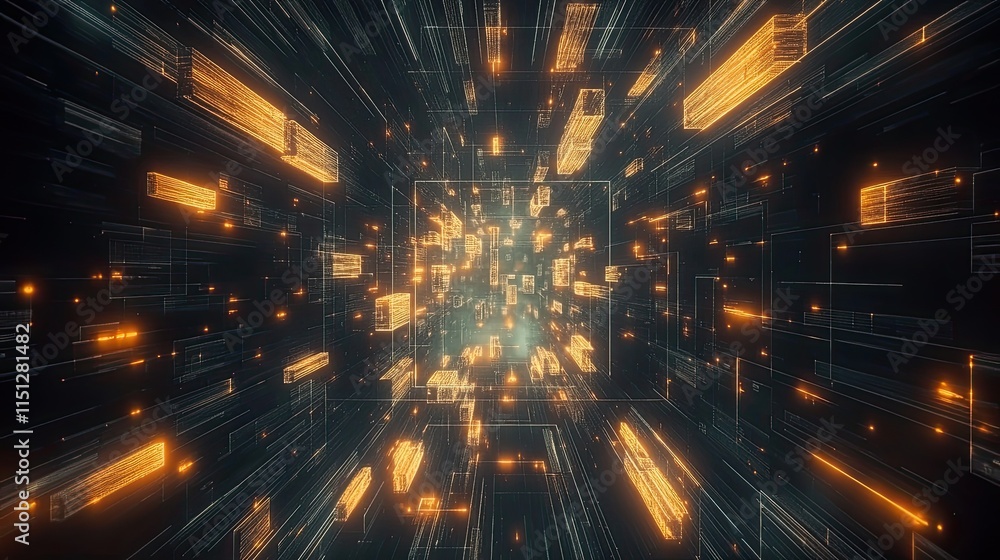 Poster Futuristic Digital Background with Glowing Lines and Data Particles