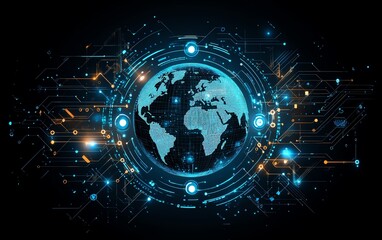 Obraz premium Abstract globe surrounded by technology, data, and statistical graphics, symbolizing global communication and information connection