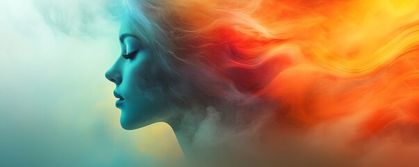 Abstract woman s head dissolving into a rainbowcolored flow, with soft transitions and vibrant hues, perfect for creative, ethereal art