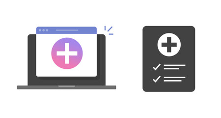 Medical report paper pictogram icon illustrated graphic design, simple online diagnosis check list on laptop computer pc, internet medicine prescription form results, electronic digital checklist set
