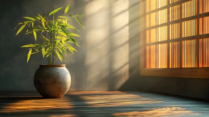 Fototapeta premium Bamboo Plant Growth Tranquil Room Indoor Decoration Soft Lighting Natural Atmosphere Serenity Concept