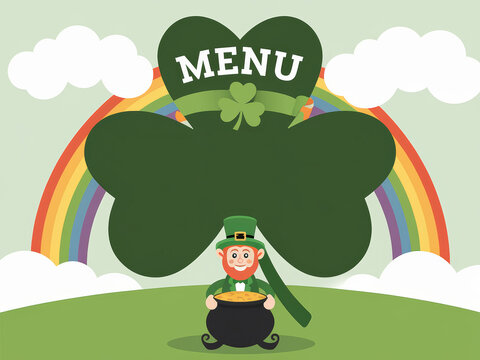 St. patrick's day menu design with leprechaun and rainbow in drawn style