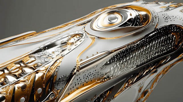 Sculptural representation of a fish with intricate metal detailing and reflective surfaces