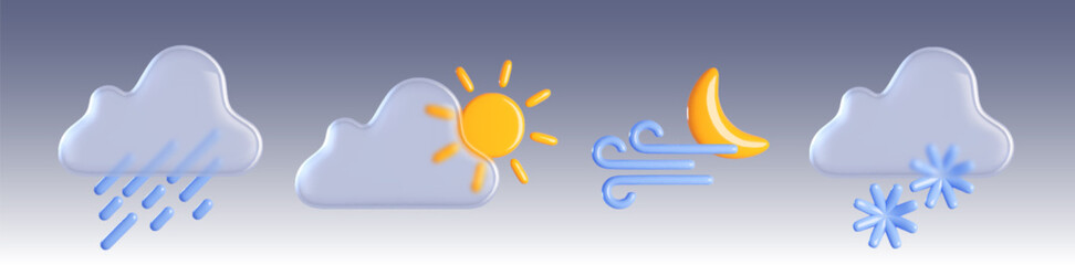 3d weather icon for sun, rain and cloud element. Winter rainy or snow forecast for cold season. Realistic meteorology glass symbol with snowflake and cute drop precipitation widget design concept