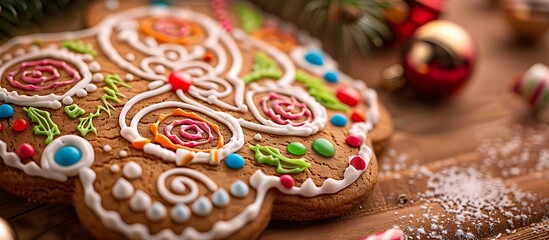 A close-up of a gingerbread cookie decorated with intricate icing patterns and colorful candy accents, placed on a wooden table with festive decorations.