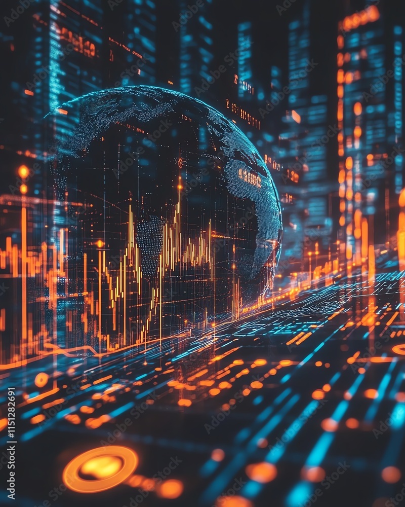 Aufkleber globe on an abstract digital background with data, statistics, and communication symbols, representi