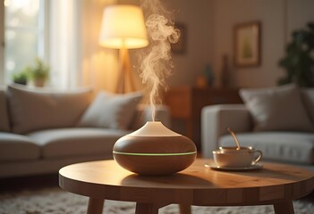 Modern aroma lamp on table against blurred background with space for text
