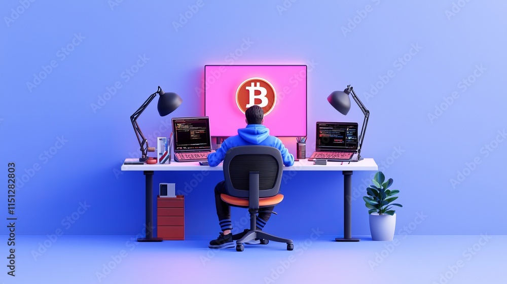 Poster surrounded by high-tech equipment, a bitcoin miner operates from a desk with several monitors.