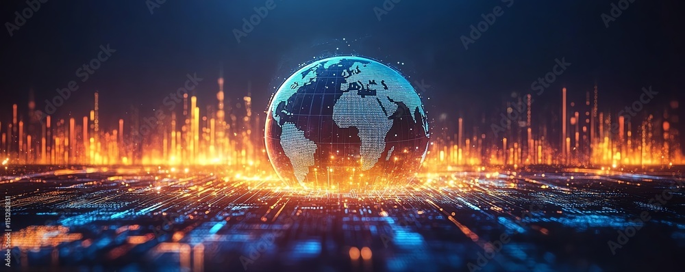Poster Globe on an abstract technology and data background, representing connection, communication, and statistics, with digital elements and vibrant colors