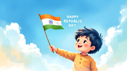 A small child holding Indian flag illustration with happy republic day text on tricolour background. Republic day of India 26 January background.
