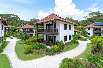 An overhead view of a residential district, featuring solar panels on every home and verdant greenery encircling the eco-conscious neighborhood.