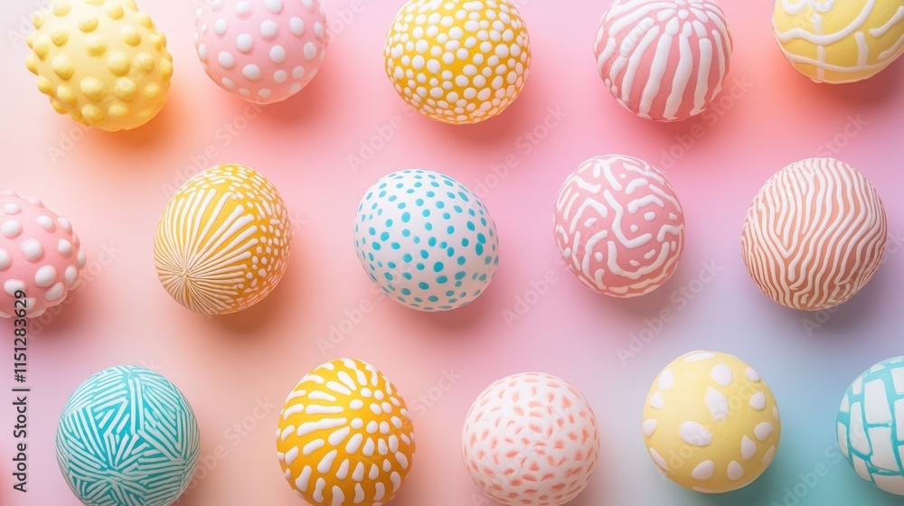 Poster vibrant pastel eggs with unique patterns on soft color background