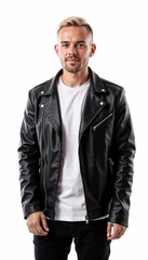 Fototapeta premium Cool young man in black leather biker jacket against white background
