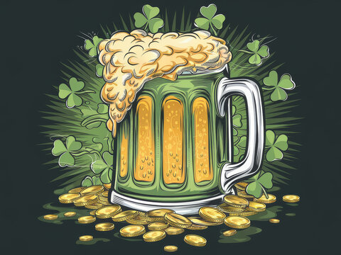 St. patrick's day celebration with beer mug, clovers, and coins