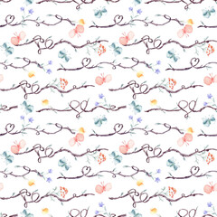 Tree branches, nature hearts and gentle floral elements watercolor seamless pattern isolated. Wavy twigs, vine on repeated background with soft blue pink flowers hand drawn. Simple botanical texture.