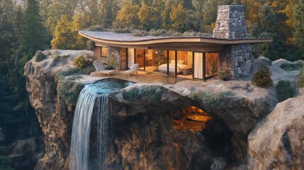surreal design of a charming little home built on massive giant geode with waterfall