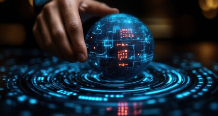 Hand touching a digital planet with a global network and connectivity concept