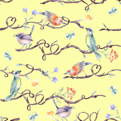 Watercolor seamless pattern with cute small birds on tree branches with hearts isolated. Design child wallpaper of nature art and tiny birdies in soft colors hand painted. Simple flowers, butterflies.