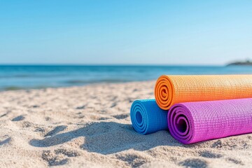 After a beach sunrise yoga session, vibrant yoga mats were rolled up on the sandy shore, ready for storage.