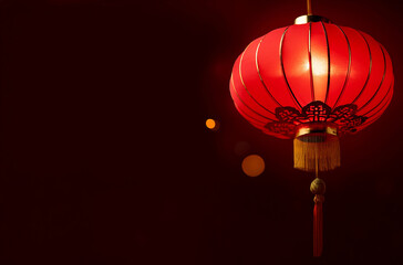 Chinese red lanterns on the night of the happy Chinese New Year decorate the streets.