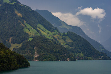 Alps mountains and like in Switzerland. Alps nature in Switzerland. Swiss Alps. Panoramic of the nature of Switzerland. Nature of Swiss lakes. Switzerland scenic landscape. Alps Nature background.