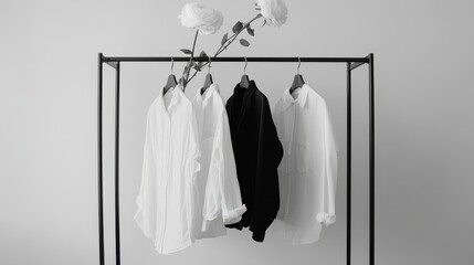 Black and white fashion pieces on black hangers in luxury store stylish clothing rack display,modern fashion blog aesthetic,Business fashion,social media,shopping mall,sale online,Fashion blog.