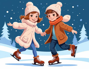 Joyful children ice skating in winter wonderland scene with snowy trees