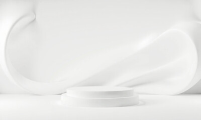 White podium with curved background creates minimalist and elegant scene, perfect for showcasing products or presentations. smooth texture and soft lighting enhance serene atmosphere