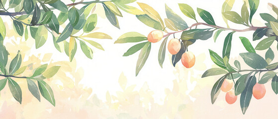 Fototapeta premium A serene watercolor illustration of fruit-laden branches with soft green leaves against a faded background.