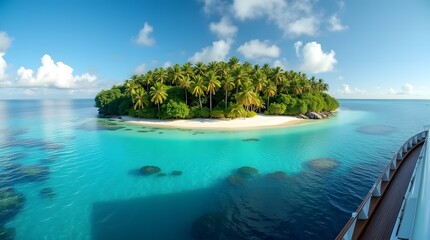 Fototapeta premium A luxurious yacht glides through the crystal clear turquoise waters of a tropical paradise, offering a breathtaking view of a secluded island. The island is adorned with lush, green palm trees