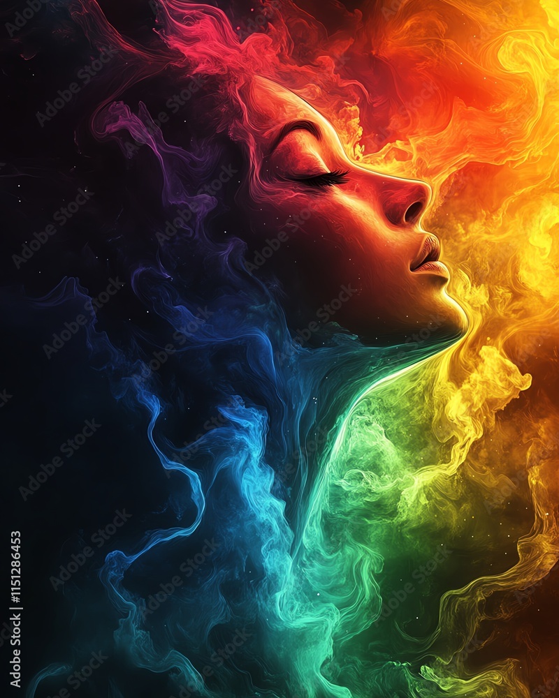 Poster surreal depiction of a woman s head dissolving into a rainbow flow, with vibrant hues merging and fa