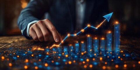 Hand pointing at rising financial data on digital graph in a corporate setting