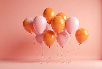 Background of pink and orange balloons flying gracefully in an empty room, wonderful festive atmosphere