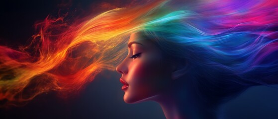 Surreal image of a womans face dissolving into a colorful rainbow flow, with fluid motion and vibrant colors, ideal for fantasy and conceptual art