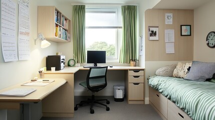 Modern student bedroom with desk, bed, and window.